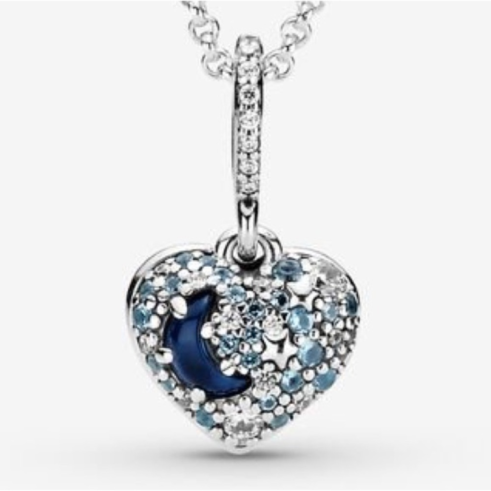 Sparkling Blue Moon & Stars Heart Necklace